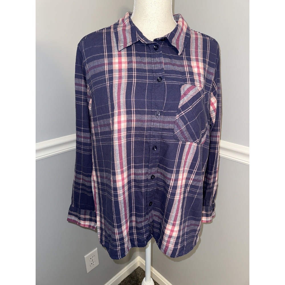 Time And Tru Shirt Size XL 16-18 Juniors Plaid Button Up Pocket 100% Cotton